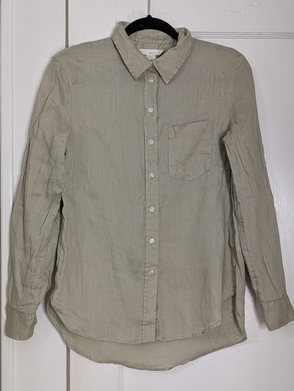 H&M Shirt Womens XS Linen Long Sleeve Button Up Casual Lagenlook Sage Green Grey